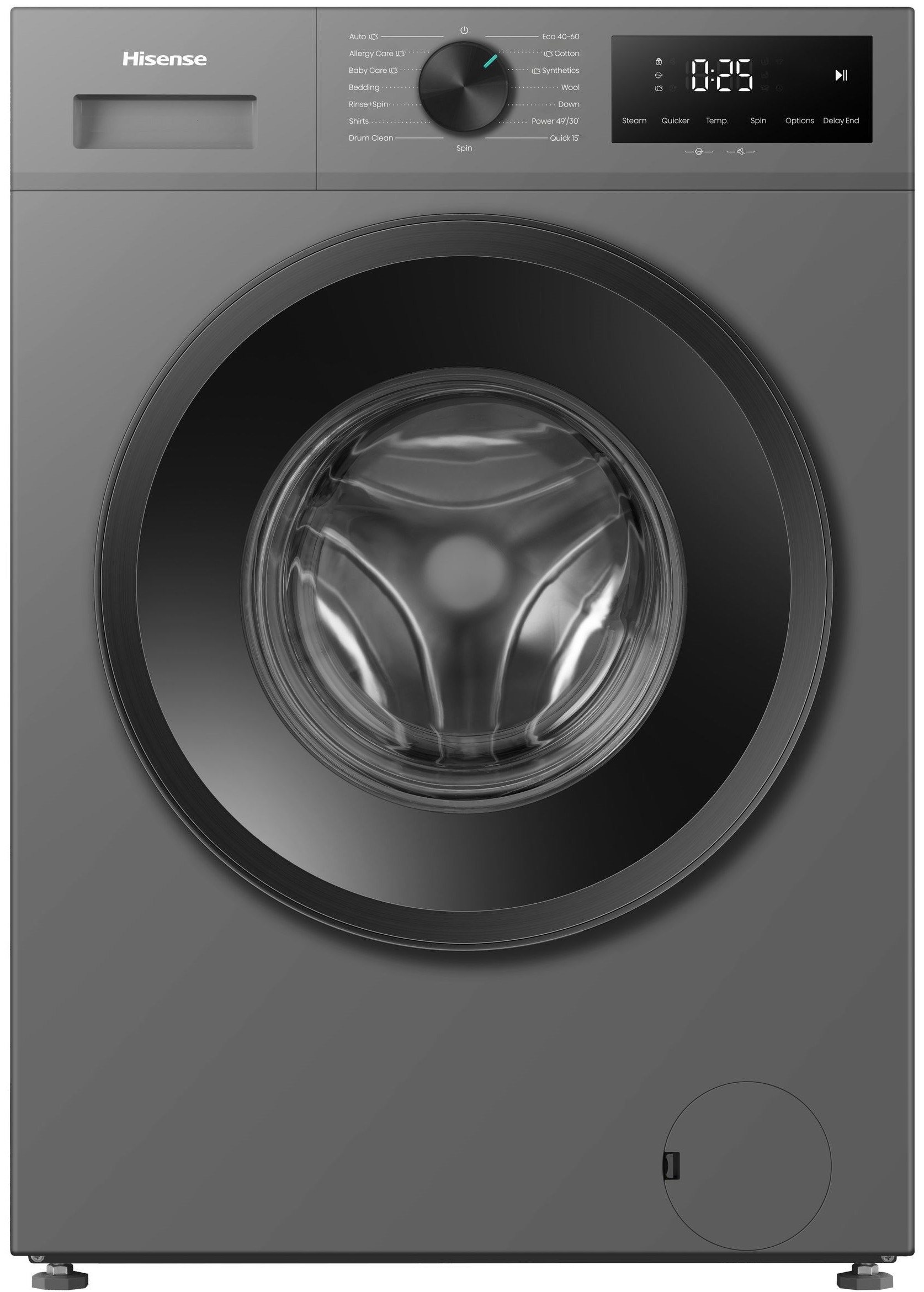 WF1I6022BT ComputechSolutions Front view of a Hisense front-loading washing machine with large circular drum and control panel on top-right.
