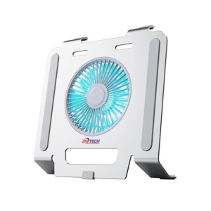 Laptop cooling pad with a circular blue fan housed in a silver rectangular frame and fold-out feet.