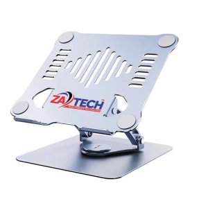 Metal adjustable laptop stand with a ventilated surface and ZA-TECH branding.