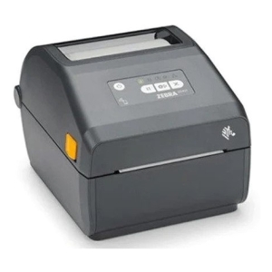 ZD4A042-D0EM00EZ - Computech-Solutions Compact Zebra thermal label printer viewed from an angled perspective; gray plastic body, label exit slot at front, control panel on top show icons and status lights.