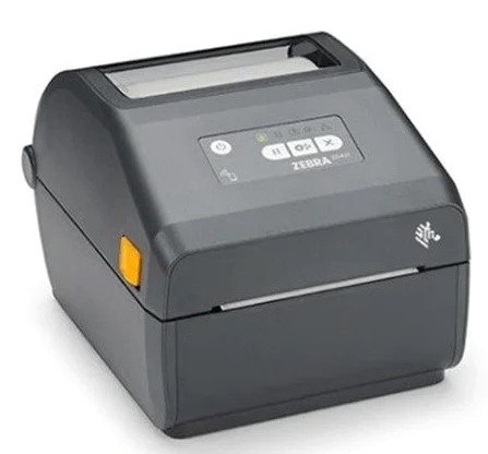 ZD4A042D0EM00EZ ComputechSolutions Compact Zebra thermal label printer viewed from an angled perspective; gray plastic body, label exit slot at front, control panel on top show icons and status lights.