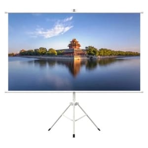 Projection screen displaying a serene lake scene with a pagoda on an island and its reflection in the water, on a tripod stand.