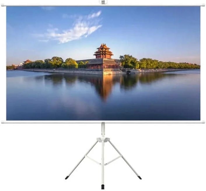 100TS169 ComputechSolutions Projection screen displaying a serene lake scene with a pagoda on an island and its reflection in the water, on a tripod stand.