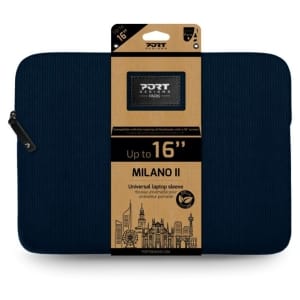 Navy blue laptop sleeve with Milano II branding on a beige packaging strip and a cityscape illustration on the bottom edge (up to 16 inches).