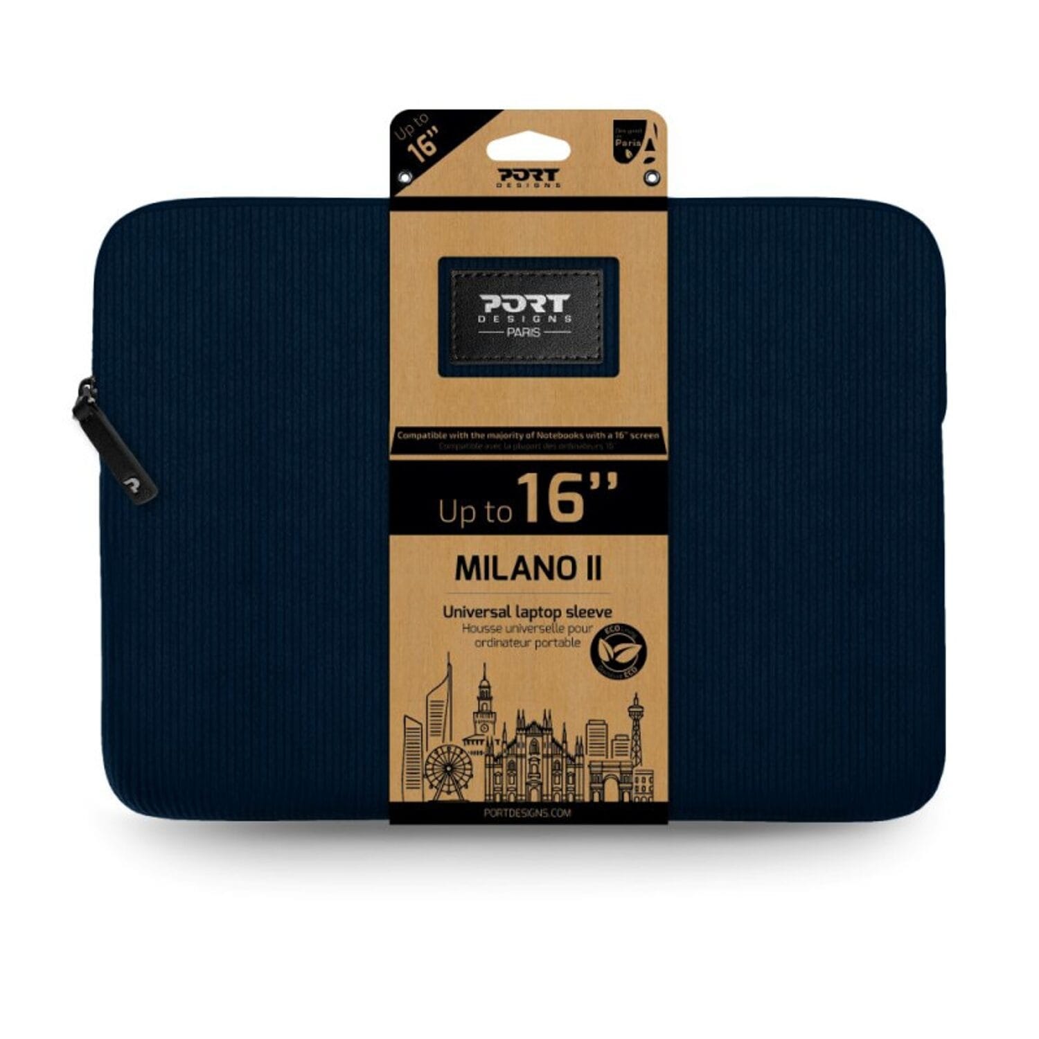 Navy blue laptop sleeve with Milano II branding on a beige packaging strip and a cityscape illustration on the bottom edge (up to 16 inches).