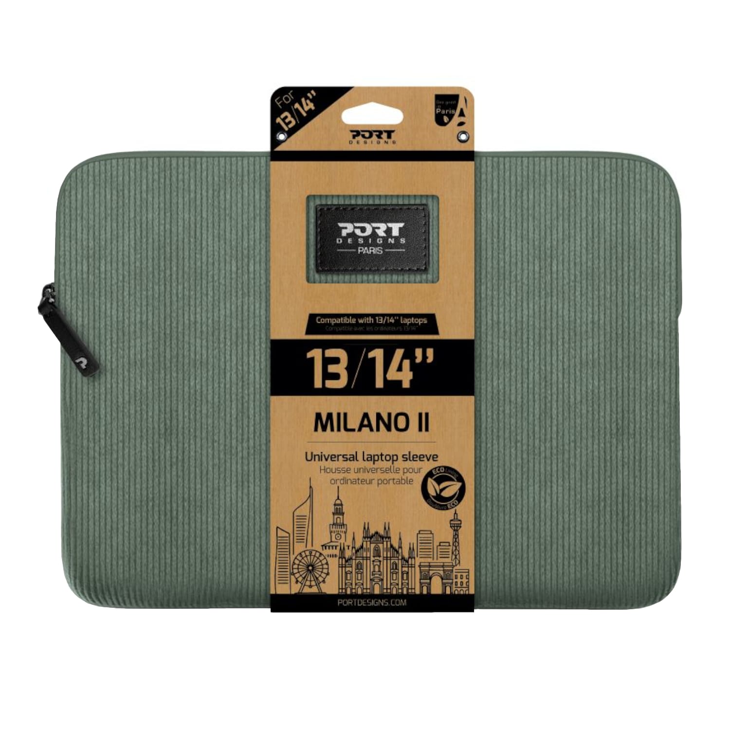 140722PortDesignsMilanoIIEco1314inchUniversalLaptopSleeveSageGreenwr01ajpg ComputechSolutions Green ribbed laptop sleeve, 13/14" Milano II, Port Designs branding on tan packaging strip with city illustration at bottom.