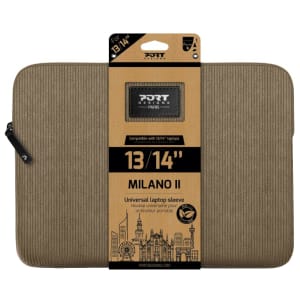 Brown corduroy laptop sleeve for 13/14-inch laptops with Porta Designs packaging label showing Milano II