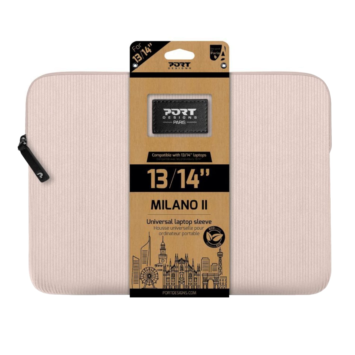 140724PortDesignsMilanoIIEco1314inchUniversalLaptopSleevePlushPinkwr01ajpg ComputechSolutions Beige, ribbed laptop sleeve with a black zip pull on the left; product packaging label on the front shows '13/14