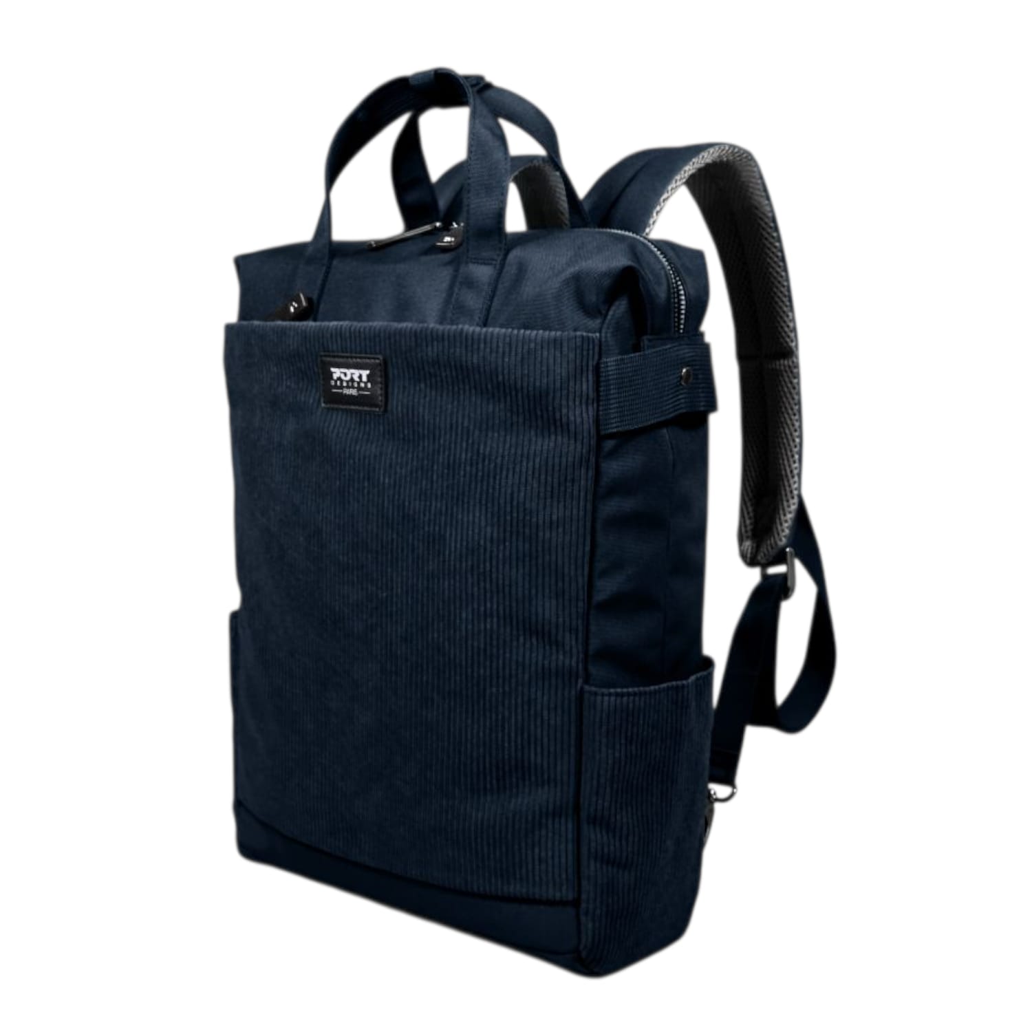 140725PortDesignsMilanoIIECO1416inchTotepackNavyBluewr01ajpg ComputechSolutions Navy corduroy backpack with top handles and padded shoulder straps, front pocket and small brand patch on the front.