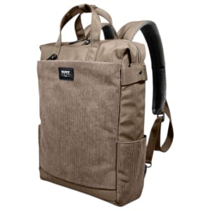 Tan corduroy backpack with a front zip pocket, top handles, and padded shoulder straps on a white background