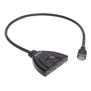 Black HDMI splitter/adapter with three HDMI female ports and a short cable ending in a male HDMI plug