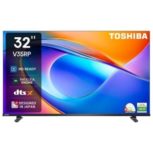 32V35RP ComputechSolutions 32-inch Toshiba V35RP TV on a stand with a vibrant, colorful screen; features HD Ready branding and a 'Designed in Japan' badge.
