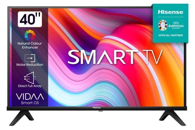 40A4K ComputechSolutions 40-inch Hisense SMART TV with a vibrant, colorful screen and Euro 2024 badge in the corner