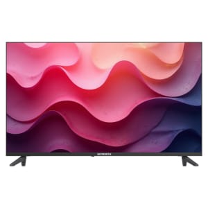 40E6620H ComputechSolutions Skyworth flat-screen TV displaying vibrant pink and purple abstract wave artwork with a black bezel and two angled stands on a white background.