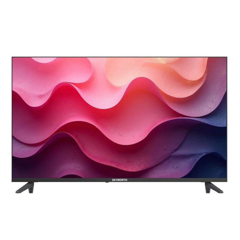 40E6620H ComputechSolutions Skyworth flat-screen TV displaying vibrant pink and purple abstract wave artwork with a black bezel and two angled stands on a white background.