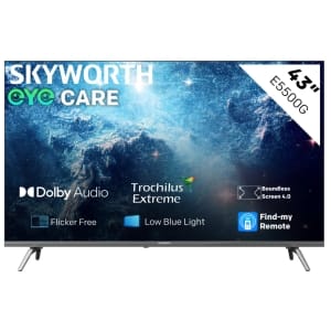 43E5500H ComputechSolutions Skyworth 55" 4K HDR TV with Dolby Audio and space-themed background, feature icons shown (Flicker Free, Low Blue Light, Find-My Remote)