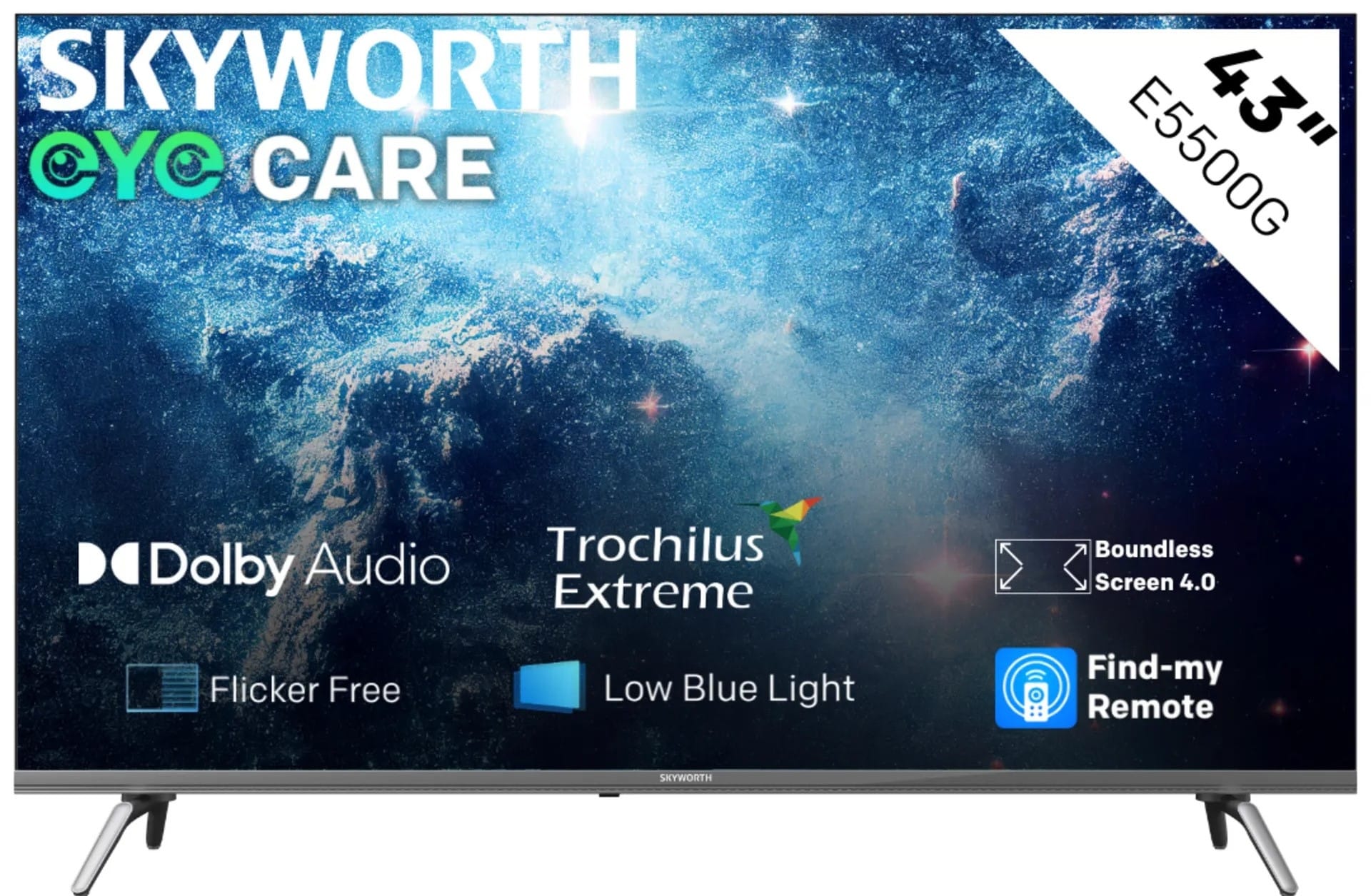 43E5500H ComputechSolutions Skyworth 55" 4K HDR TV with Dolby Audio and space-themed background, feature icons shown (Flicker Free, Low Blue Light, Find-My Remote)