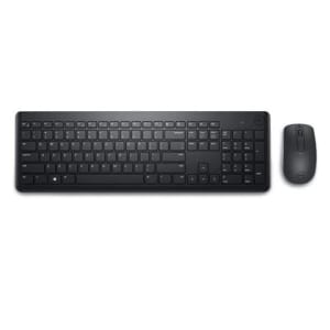 Black wireless keyboard with numeric keypad and a matching wireless mouse on a white background (full-size keyboard set).