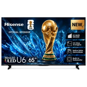 65U6S ComputechSolutions Hisense 65-inch ULED TV ad featuring FIFA World Cup trophy and blue crystal background, with new models and built-in subwoofer labels.