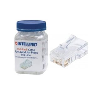 Jar labeled Intellinet 100-Pack Cat5e RJ45 modular plugs with a clear RJ45 connector beside it.