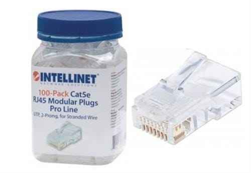 790581 ComputechSolutions Jar labeled Intellinet 100-Pack Cat5e RJ45 modular plugs with a clear RJ45 connector beside it.