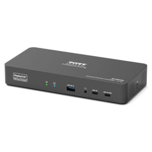 901904V2EUPORT2x4KUSBCdesktopdockingstationwr03png ComputechSolutions Front view of a dark gray DisplayLink docking station with multiple USB ports and status LEDs visible on the front panel.