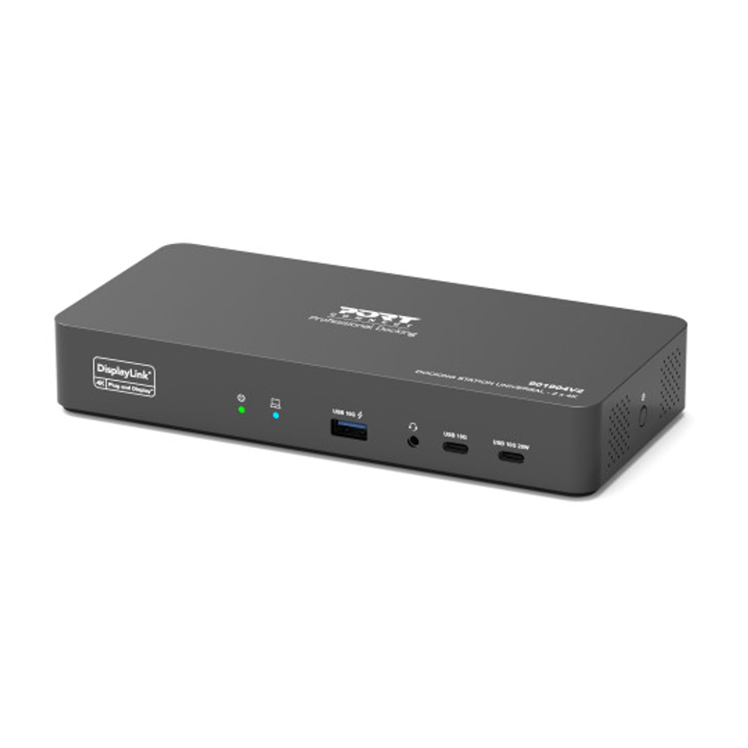 901904V2EUPORT2x4KUSBCdesktopdockingstationwr03png ComputechSolutions Front view of a dark gray DisplayLink docking station with multiple USB ports and status LEDs visible on the front panel.