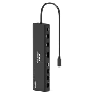 USB-C hub with multiple ports (HDMI, USB-A, USB-C, SD) for connecting peripherals to a laptop/PC. Ideal for docking.