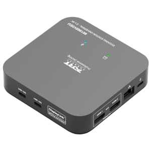 901908V2EUPortConnectMultiportUSBTypeC2x4KOfficeDockingStationBlackwr01ajpg ComputechSolutions Gray, rounded-corner media box with two HDMI ports and multiple USB 10G ports; DisplayLink branding visible.