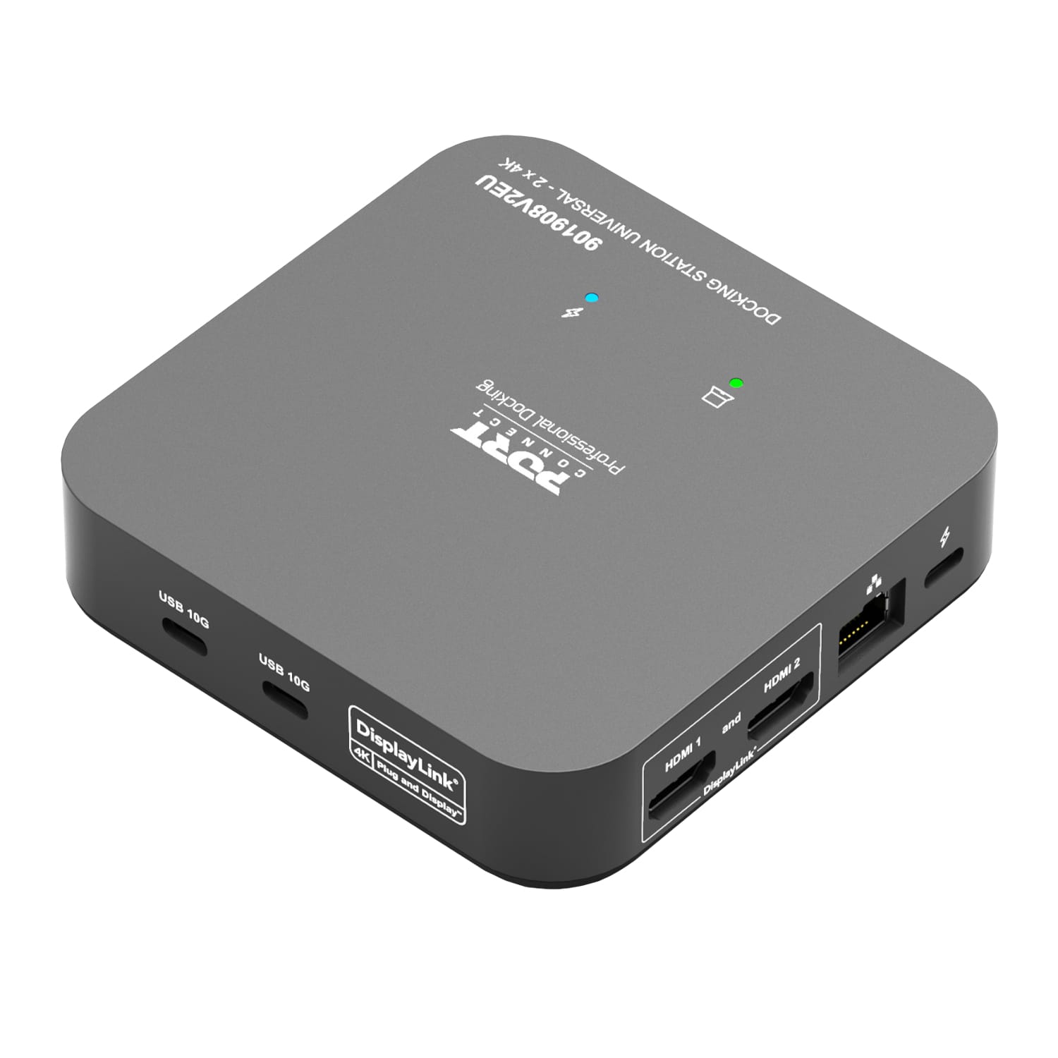 901908V2EUPortConnectMultiportUSBTypeC2x4KOfficeDockingStationBlackwr01ajpg ComputechSolutions Gray, rounded-corner media box with two HDMI ports and multiple USB 10G ports; DisplayLink branding visible.