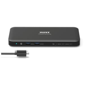 901910V2EUPORTOfficedockingstation3X4USBCwr01png ComputechSolutions Black USB-C docking hub with multiple USB 3.0 ports, headphone jack, and power button; shown with its power plug.
