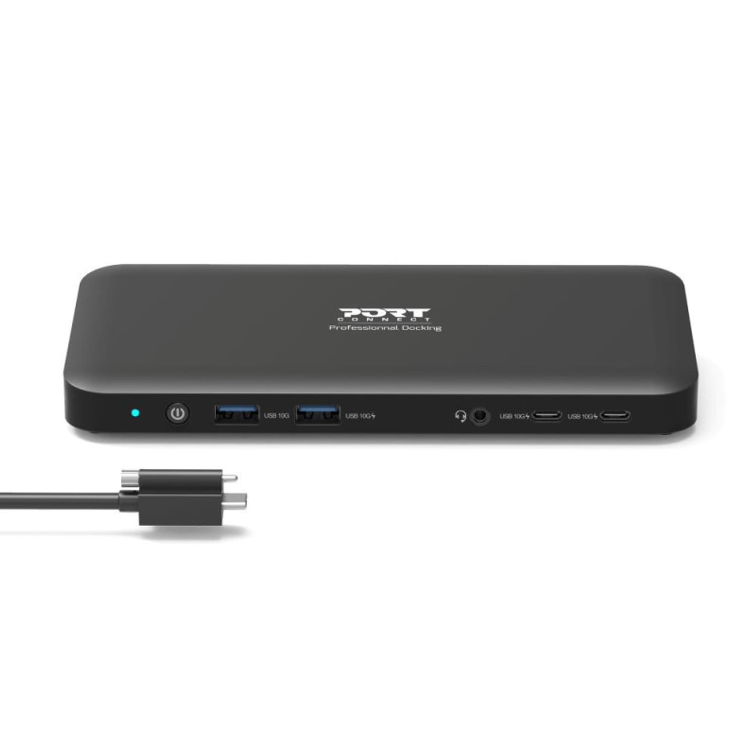 901910V2EUPORTOfficedockingstation3X4USBCwr01png ComputechSolutions Black USB-C docking hub with multiple USB 3.0 ports, headphone jack, and power button; shown with its power plug.