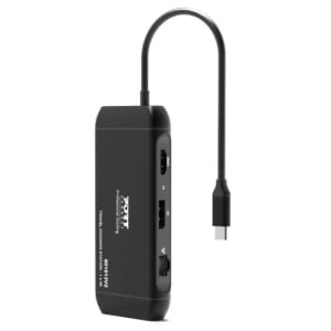 Black USB-C multiport adapter with integrated cable, featuring HDMI/USB-A Ethernet ports for a portable docking station