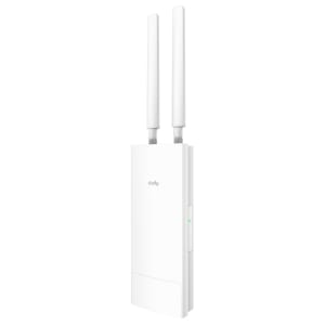 AP3000OUTDOORCudyAX300025GDualBandCeilingAccessPointOutdoorwr01ajpg ComputechSolutions White wall-mounted wireless router/access point with two tall antennas and a small LED indicator, brand name 'cudy' visible on the front panel.