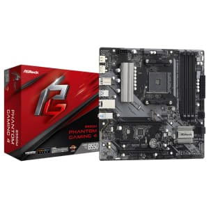 B550MPHANTOMGAMING4ASRockB550PhantomGaming4AM4MATXMotherboardBlackwr01ajpg ComputechSolutions ASRock B550M Phantom Gaming 4 motherboard shown next to its red box packaging.