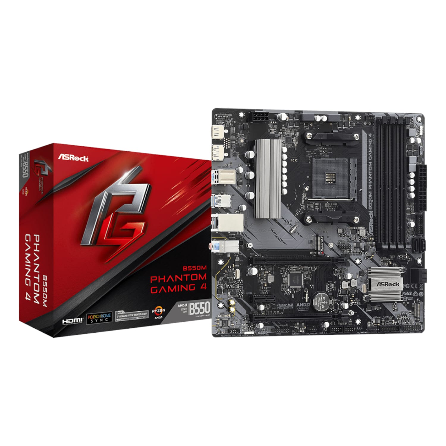 B550MPHANTOMGAMING4ASRockB550PhantomGaming4AM4MATXMotherboardBlackwr01ajpg ComputechSolutions ASRock B550M Phantom Gaming 4 motherboard shown next to its red box packaging.