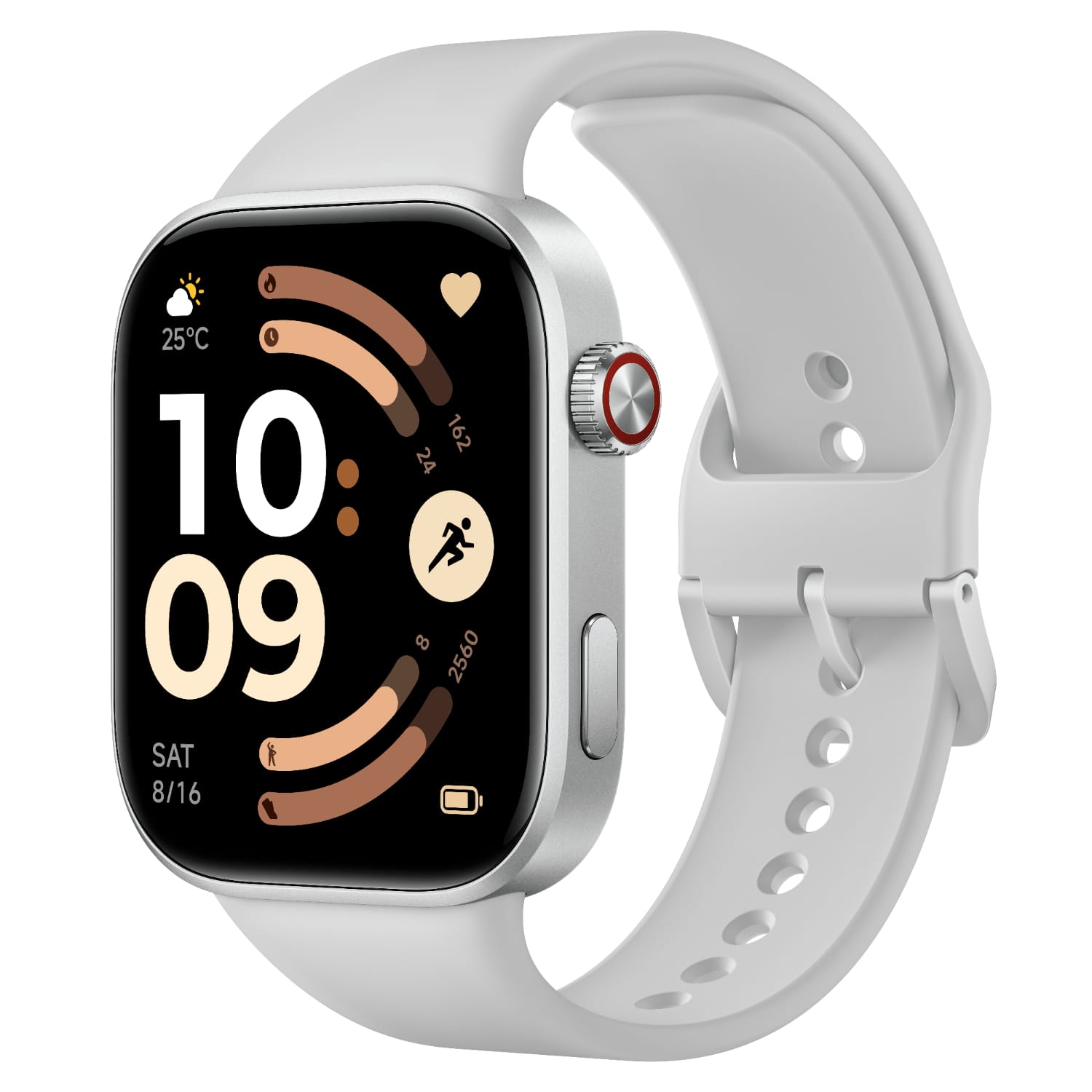 BHR08CUGLXiaomiREDMIWatch6SilverGreywr01png ComputechSolutions White smartwatch with a white band and black screen showing 10:09, weather icon, and activity rings.