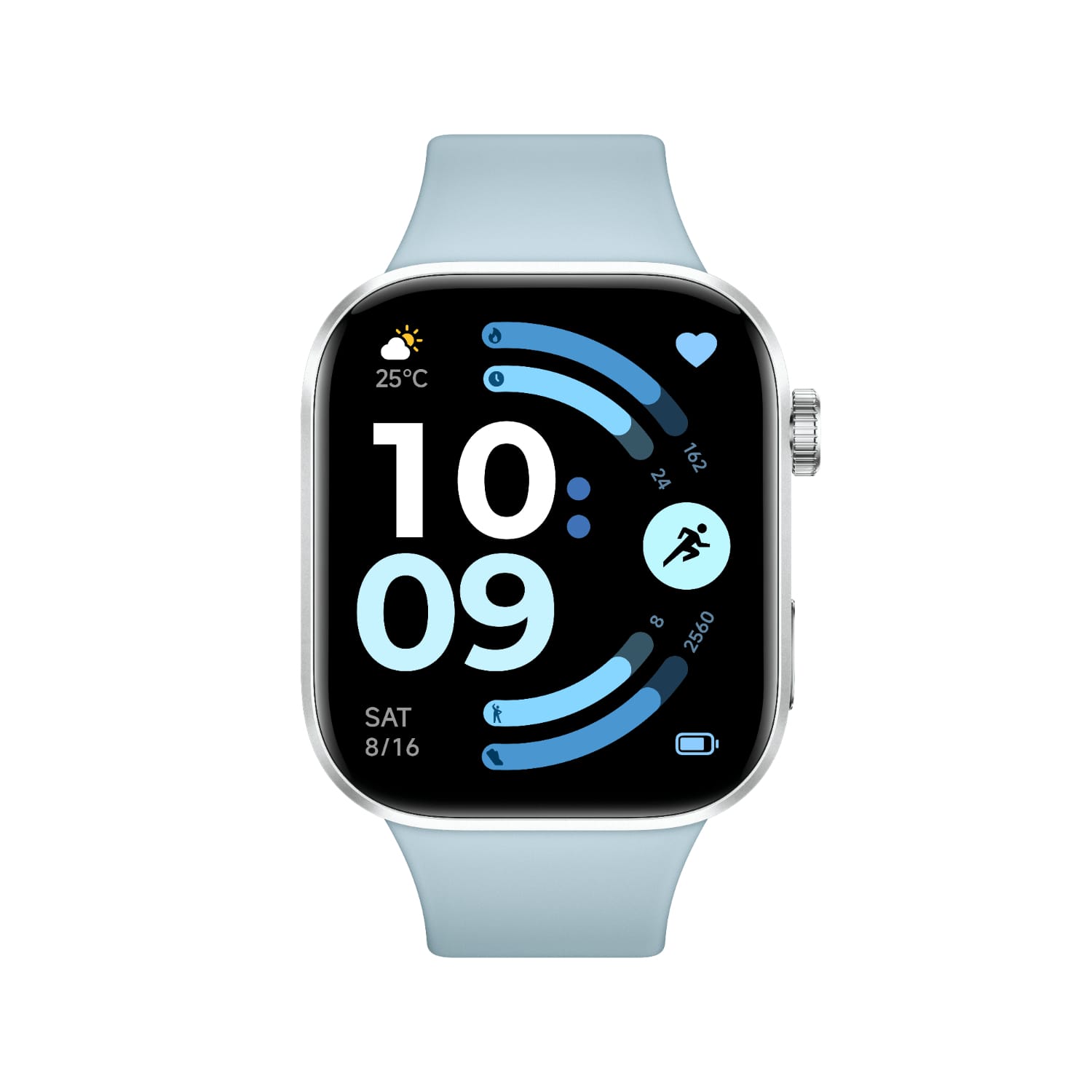 BHR08CWGLXiaomiREDMIWatch6GlacierBluewr01png ComputechSolutions Smartwatch with a light blue band displaying a black screen with large white 10:09, weather icon, and activity rings.