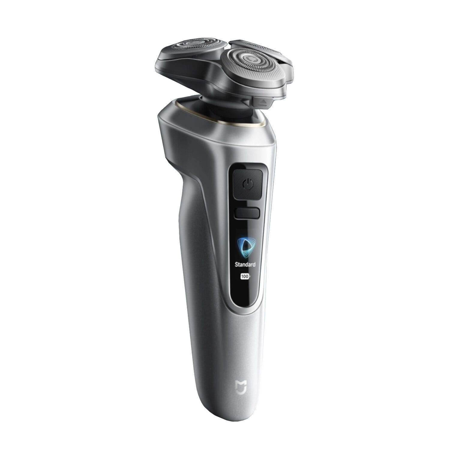 BHR099HEUXIAOMIELECTRICSHAVERPROPORTABLESLVwr01jpg ComputechSolutions Electric shaver with dual rotary heads and a metallic gray body, featuring a vertical display on the handle.