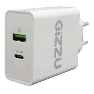 White USB wall charger with a green USB-A port and a USB-C port, shown at an angle for charging multiple devices