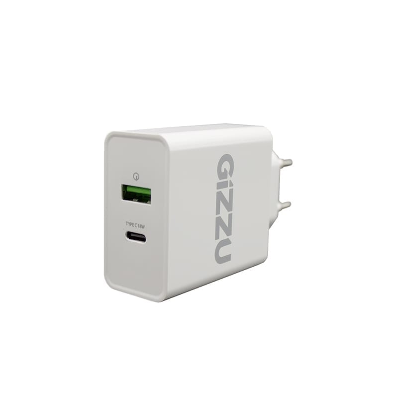 GWCPDU36Wwr01jpg ComputechSolutions White USB wall charger with a green USB-A port and a USB-C port, shown at an angle for charging multiple devices