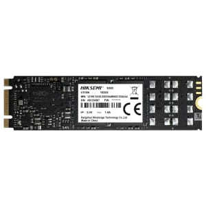 HSSSDV310N1024GHiksemiV310N1TBM2SATASurveillanceSSDBlackwr01jpg ComputechSolutions M.2 solid-state drive (SSD) with a Hikvision label, showing a gold PCIe edge connector on the left and electronic components on the board.