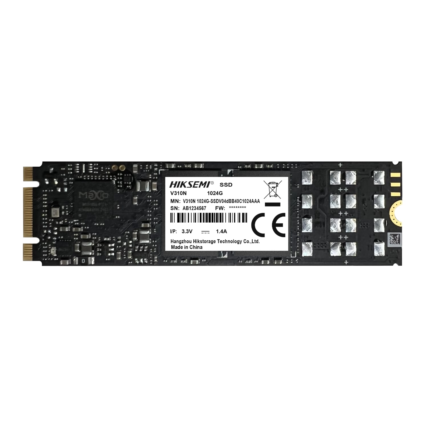 HSSSDV310N1024GHiksemiV310N1TBM2SATASurveillanceSSDBlackwr01jpg ComputechSolutions M.2 solid-state drive (SSD) with a Hikvision label, showing a gold PCIe edge connector on the left and electronic components on the board.