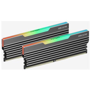 HSC416U36C58G2HiksemiFutureRGB16GBKIT2x8GB3600MHzwr01png ComputechSolutions Two computer memory DIMMs (RAM) with black fins and a colorful gradient label reading FUTURE, branded HIKSEMI, shown diagonally.