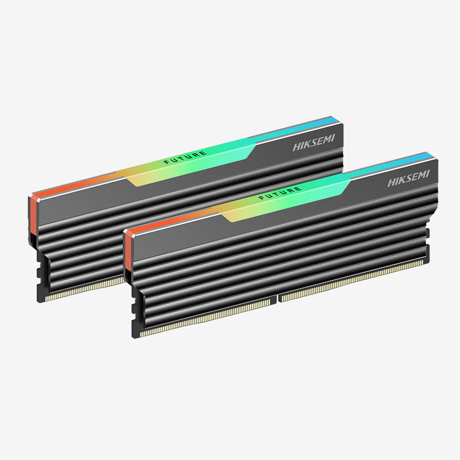 HSC416U36C58G2HiksemiFutureRGB16GBKIT2x8GB3600MHzwr01png ComputechSolutions Two computer memory DIMMs (RAM) with black fins and a colorful gradient label reading FUTURE, branded HIKSEMI, shown diagonally.