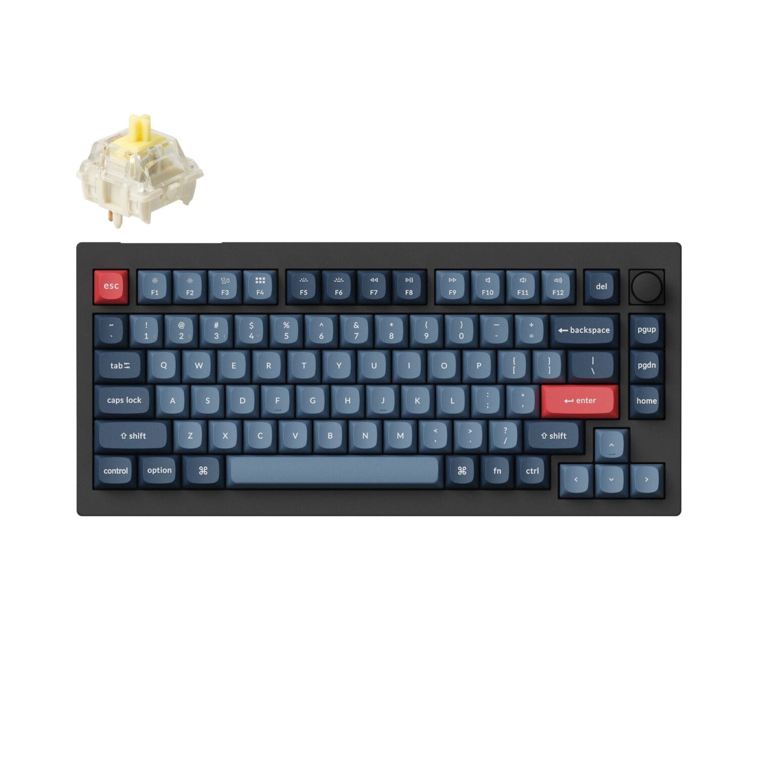 KEYCHRONV1MAX75BANGATJUPRGBWLKBwr01jpg ComputechSolutions Blue mechanical keyboard with red Esc and red Enter keys; a translucent switch with a yellow stem sits above the left side.