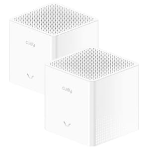 Two white Cudy speakers, square with perforated top grilles, shown in a stacked arrangement