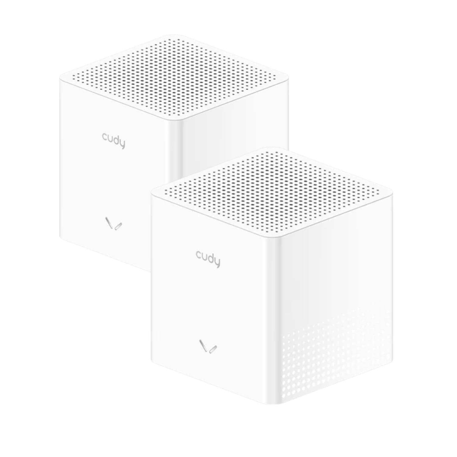 Created with GIMP ComputechSolutions Two white Cudy speakers, square with perforated top grilles, shown in a stacked arrangement