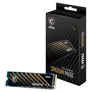 M450M2NVME1TBwr02jpg ComputechSolutions MSI Spatium M450 1TB PCIe 4.0 NVMe M.2 SSD with its packaging box behind it