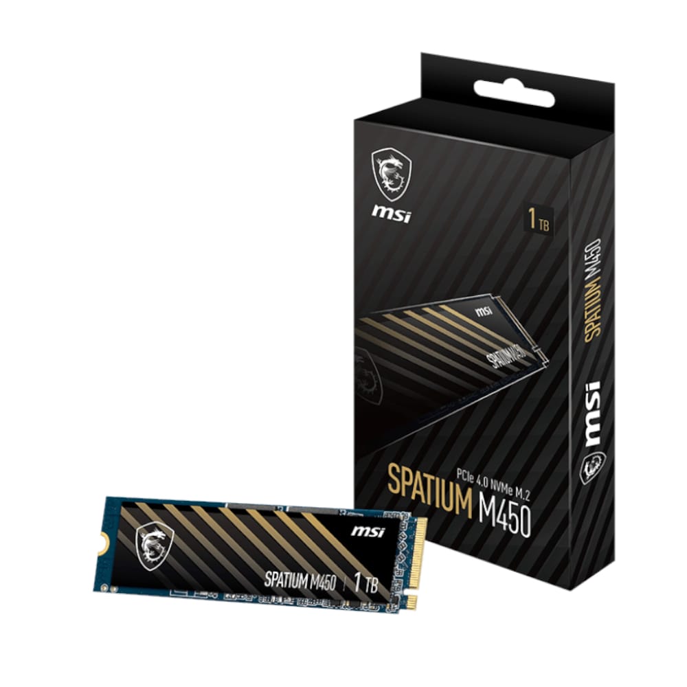 M450M2NVME1TBwr02jpg ComputechSolutions MSI Spatium M450 1TB PCIe 4.0 NVMe M.2 SSD with its packaging box behind it